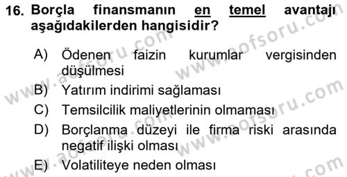 Mali Analiz Dersi 2018 - 2019 Yılı Yaz Okulu Sınav Soruları 16. Soru