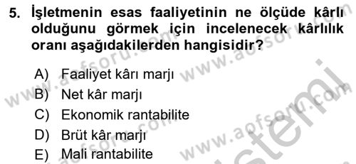 Mali Analiz Dersi 2018 - 2019 Yılı Yaz Okulu Sınav Soruları 5. Soru