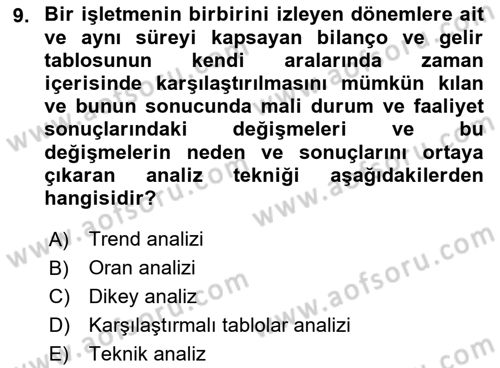 Mali Analiz Dersi 2018 - 2019 Yılı Yaz Okulu Sınav Soruları 9. Soru