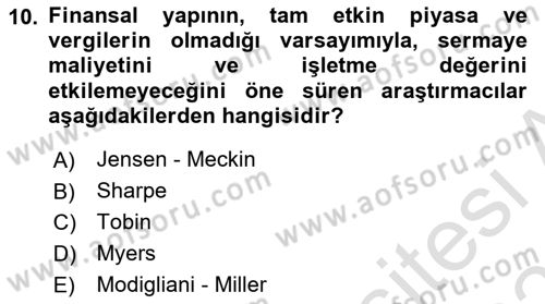 Mali Analiz Dersi 2020 - 2021 Yılı Yaz Okulu Sınav Soruları 10. Soru