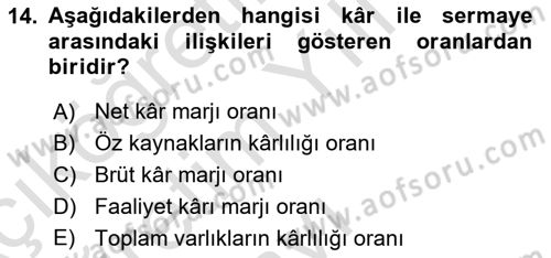 Mali Analiz Dersi 2020 - 2021 Yılı Yaz Okulu Sınav Soruları 14. Soru