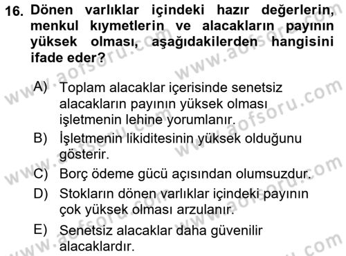 Mali Analiz Dersi 2020 - 2021 Yılı Yaz Okulu Sınav Soruları 16. Soru