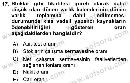Mali Analiz Dersi 2020 - 2021 Yılı Yaz Okulu Sınav Soruları 17. Soru