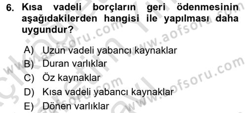 Mali Analiz Dersi 2020 - 2021 Yılı Yaz Okulu Sınav Soruları 6. Soru