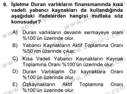 Mali Analiz Dersi 2020 - 2021 Yılı Yaz Okulu Sınav Soruları 9. Soru