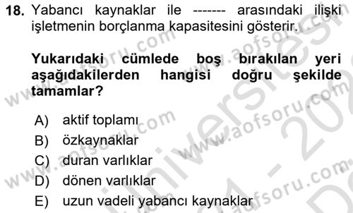 Mali Analiz Dersi 2021 - 2022 Yılı (Vize) Ara Sınav Soruları 18. Soru