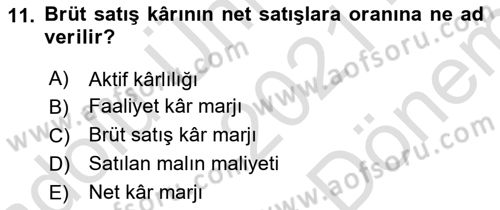 Mali Analiz Dersi 2021 - 2022 Yılı (Final) Dönem Sonu Sınav Soruları 11. Soru