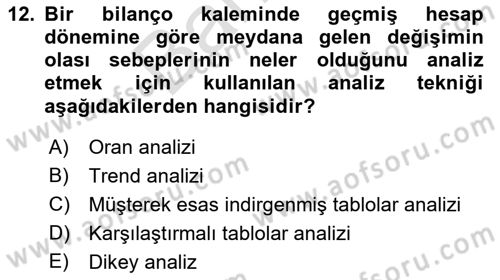 Mali Analiz Dersi 2021 - 2022 Yılı (Final) Dönem Sonu Sınav Soruları 12. Soru