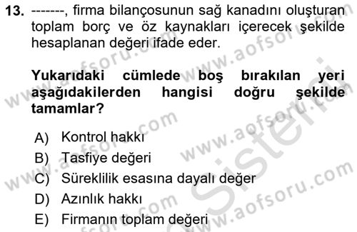 Mali Analiz Dersi 2021 - 2022 Yılı (Final) Dönem Sonu Sınav Soruları 13. Soru