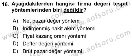 Mali Analiz Dersi 2021 - 2022 Yılı (Final) Dönem Sonu Sınav Soruları 16. Soru