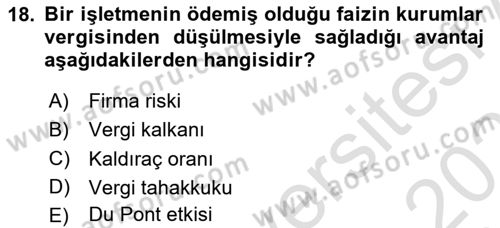 Mali Analiz Dersi 2021 - 2022 Yılı (Final) Dönem Sonu Sınav Soruları 18. Soru