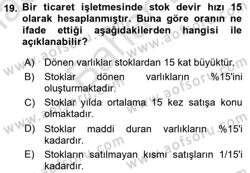 Mali Analiz Dersi 2021 - 2022 Yılı (Final) Dönem Sonu Sınav Soruları 19. Soru
