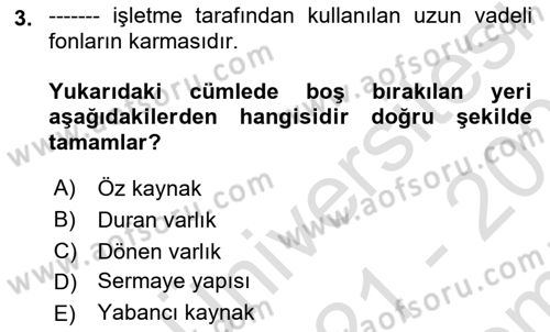 Mali Analiz Dersi 2021 - 2022 Yılı (Final) Dönem Sonu Sınav Soruları 3. Soru