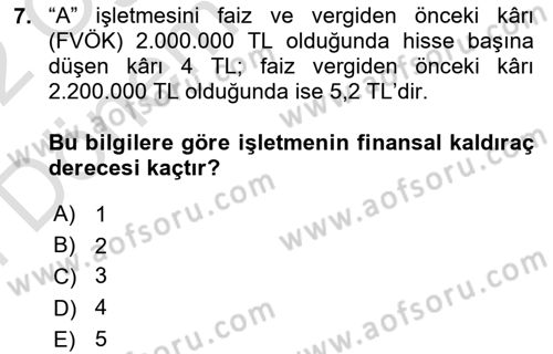 Mali Analiz Dersi 2021 - 2022 Yılı (Final) Dönem Sonu Sınav Soruları 7. Soru