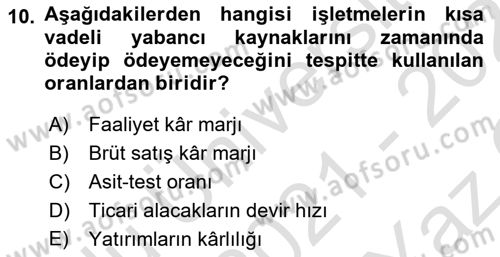 Mali Analiz Dersi 2021 - 2022 Yılı Yaz Okulu Sınav Soruları 10. Soru