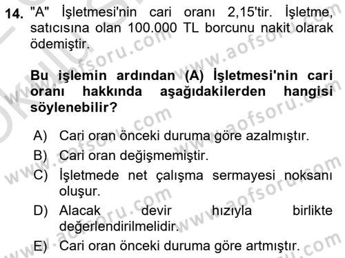 Mali Analiz Dersi 2021 - 2022 Yılı Yaz Okulu Sınav Soruları 14. Soru