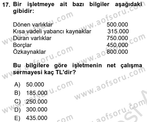 Mali Analiz Dersi 2021 - 2022 Yılı Yaz Okulu Sınav Soruları 17. Soru