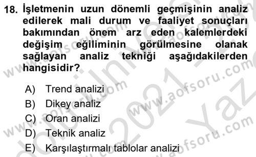 Mali Analiz Dersi 2021 - 2022 Yılı Yaz Okulu Sınav Soruları 18. Soru