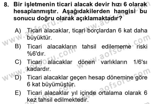 Mali Analiz Dersi 2021 - 2022 Yılı Yaz Okulu Sınav Soruları 8. Soru