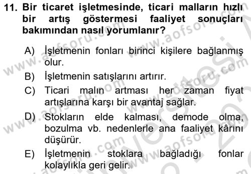Mali Analiz Dersi 2022 - 2023 Yılı Yaz Okulu Sınav Soruları 11. Soru
