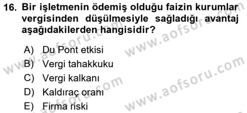 Mali Analiz Dersi 2022 - 2023 Yılı Yaz Okulu Sınav Soruları 16. Soru
