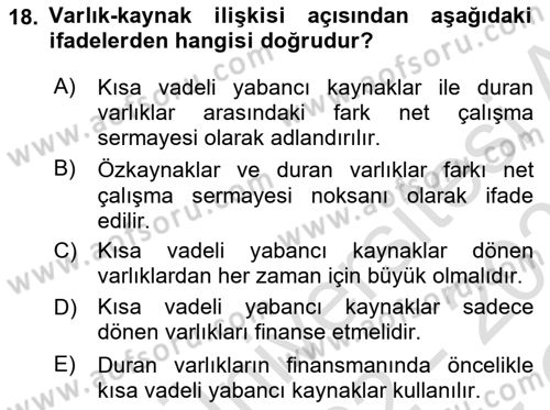 Mali Analiz Dersi 2022 - 2023 Yılı Yaz Okulu Sınav Soruları 18. Soru