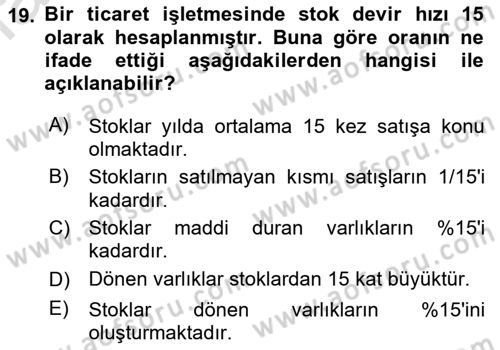 Mali Analiz Dersi 2022 - 2023 Yılı Yaz Okulu Sınav Soruları 19. Soru