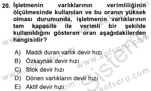Mali Analiz Dersi 2022 - 2023 Yılı Yaz Okulu Sınav Soruları 20. Soru