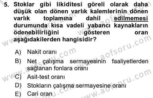 Mali Analiz Dersi 2022 - 2023 Yılı Yaz Okulu Sınav Soruları 5. Soru
