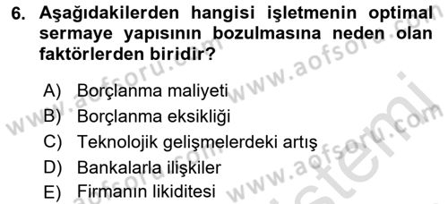 Mali Analiz Dersi 2022 - 2023 Yılı Yaz Okulu Sınav Soruları 6. Soru