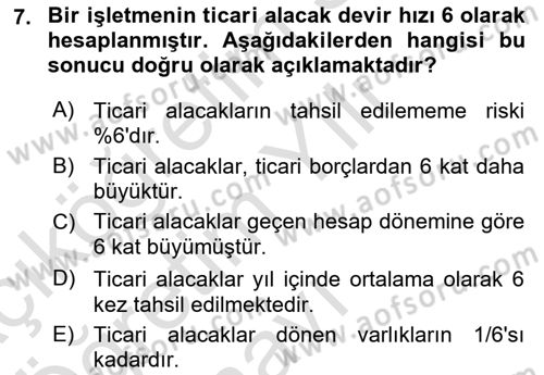 Mali Analiz Dersi 2022 - 2023 Yılı Yaz Okulu Sınav Soruları 7. Soru