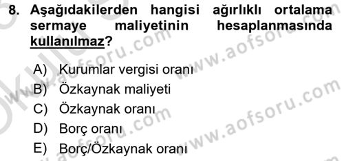 Mali Analiz Dersi 2022 - 2023 Yılı Yaz Okulu Sınav Soruları 8. Soru