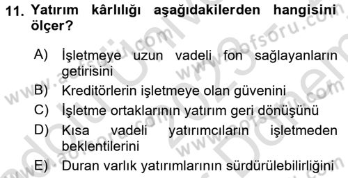 Mali Analiz Dersi 2023 - 2024 Yılı (Final) Dönem Sonu Sınav Soruları 11. Soru