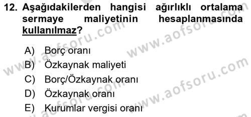 Mali Analiz Dersi 2023 - 2024 Yılı (Final) Dönem Sonu Sınav Soruları 12. Soru