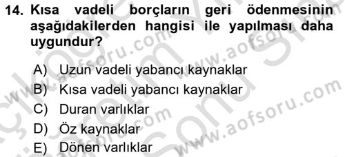 Mali Analiz Dersi 2023 - 2024 Yılı (Final) Dönem Sonu Sınav Soruları 14. Soru