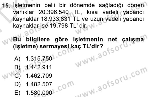 Mali Analiz Dersi 2023 - 2024 Yılı (Final) Dönem Sonu Sınav Soruları 15. Soru