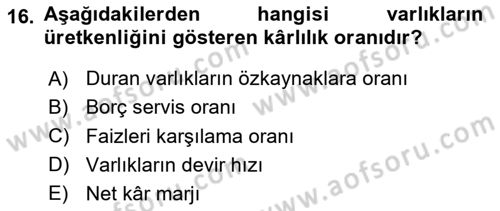 Mali Analiz Dersi 2023 - 2024 Yılı (Final) Dönem Sonu Sınav Soruları 16. Soru