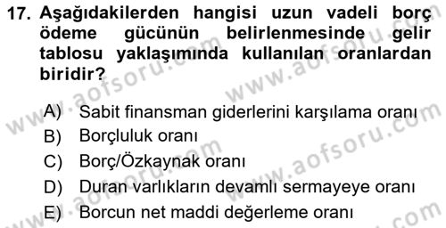 Mali Analiz Dersi 2023 - 2024 Yılı (Final) Dönem Sonu Sınav Soruları 17. Soru