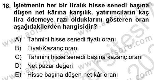 Mali Analiz Dersi 2023 - 2024 Yılı (Final) Dönem Sonu Sınav Soruları 18. Soru