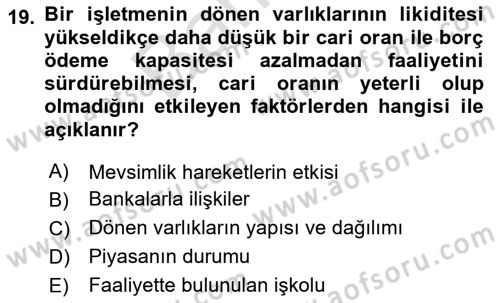 Mali Analiz Dersi 2023 - 2024 Yılı (Final) Dönem Sonu Sınav Soruları 19. Soru