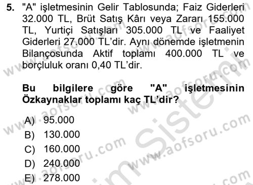 Mali Analiz Dersi 2023 - 2024 Yılı (Final) Dönem Sonu Sınav Soruları 5. Soru