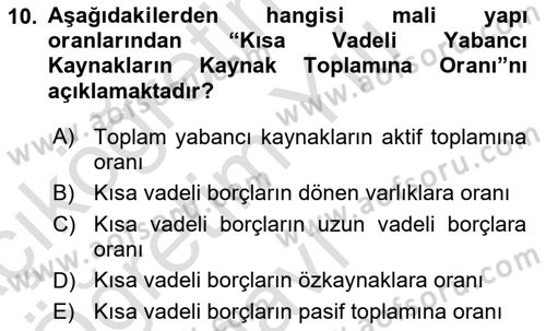 Mali Analiz Dersi 2023 - 2024 Yılı Yaz Okulu Sınav Soruları 10. Soru