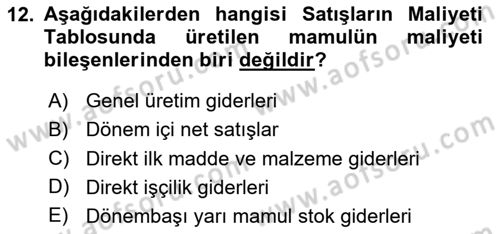 Mali Analiz Dersi 2023 - 2024 Yılı Yaz Okulu Sınav Soruları 12. Soru