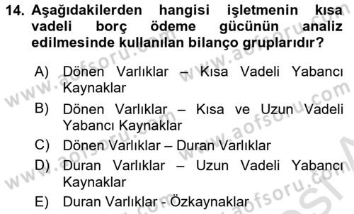 Mali Analiz Dersi 2023 - 2024 Yılı Yaz Okulu Sınav Soruları 14. Soru
