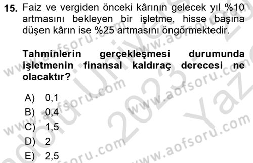 Mali Analiz Dersi 2023 - 2024 Yılı Yaz Okulu Sınav Soruları 15. Soru