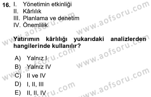 Mali Analiz Dersi 2023 - 2024 Yılı Yaz Okulu Sınav Soruları 16. Soru