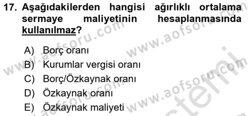 Mali Analiz Dersi 2023 - 2024 Yılı Yaz Okulu Sınav Soruları 17. Soru