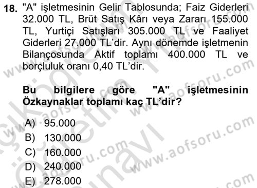 Mali Analiz Dersi 2023 - 2024 Yılı Yaz Okulu Sınav Soruları 18. Soru