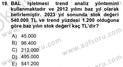 Mali Analiz Dersi 2023 - 2024 Yılı Yaz Okulu Sınav Soruları 19. Soru