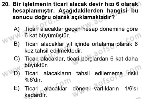 Mali Analiz Dersi 2023 - 2024 Yılı Yaz Okulu Sınav Soruları 20. Soru